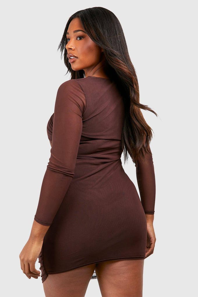 boohoo Dames Plus Mesh Bodycon Jurk | Chocolate | Maat: 28