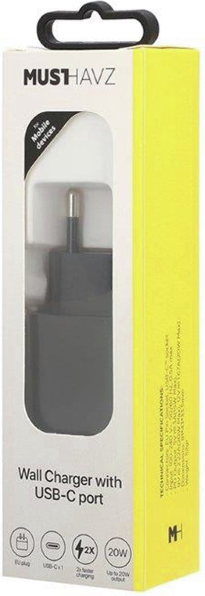 Musthavz USB-C Oplader - 20W - USB-C - met Power Delivery - Zwart