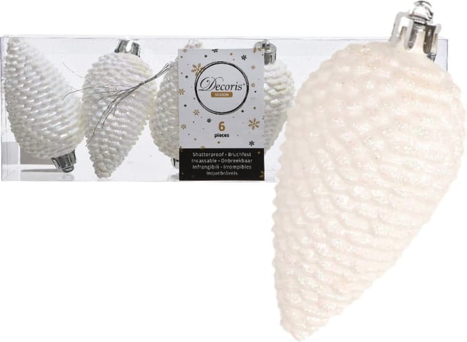 Kerstboom decoratie kerstbal dennenappels wit 6 stuks