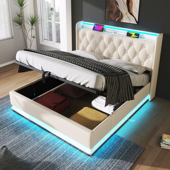 Sweiko Gestoffeerd bed - 140 × 190 cm - LED-verlichting - Opbergruimte - USB/Type-C - Kunstleer - Wit