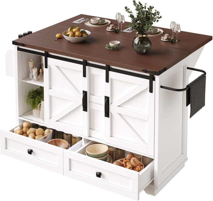 Keukentrolley - Verrijdbaar - Inklapbare Tafel - 3 Lades en 2 Deuren - Hout - Wit