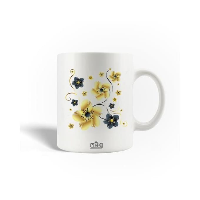 Mug en Céramique Fleur Gris Jaune Abstraite Avec Des Pétales Texturés