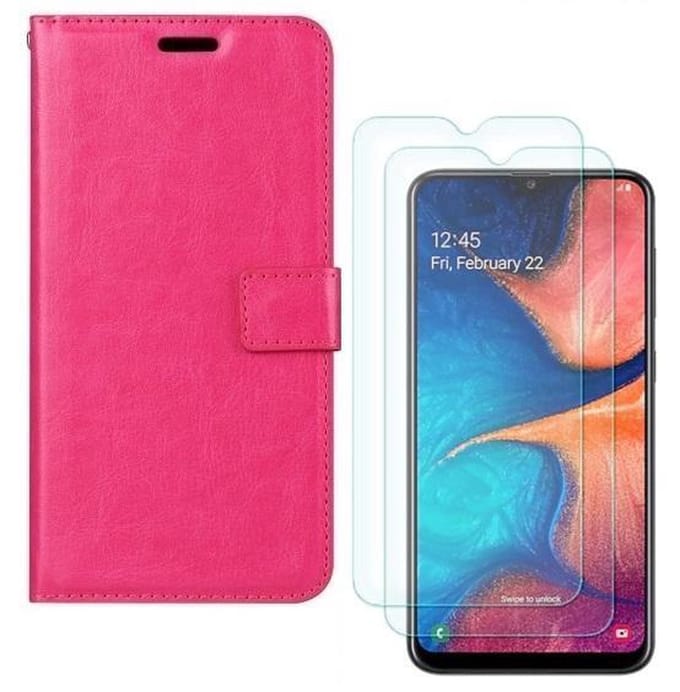hoesje Geschikt voor: Samsung Galaxy A20E Portemonnee roze met 2 stuks Glas Screen protector