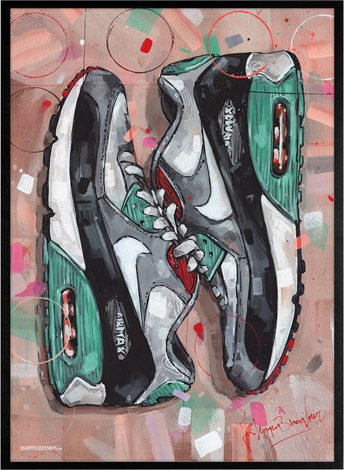 Sneaker print sideways green 51x71 cm *ingelijst & gesigneerd