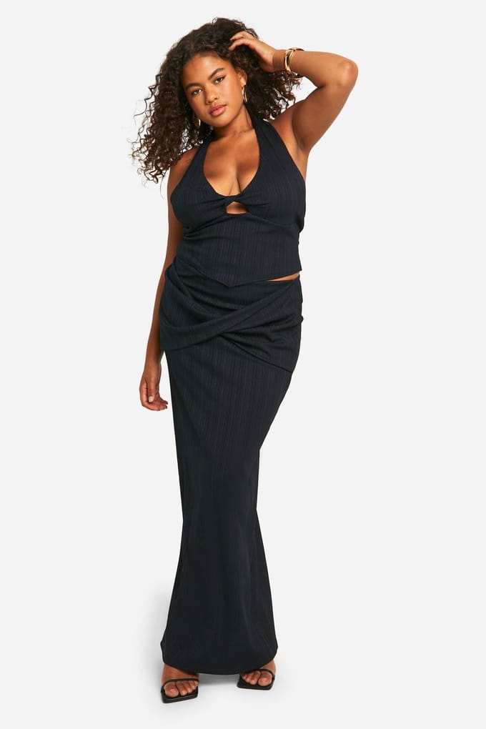 boohoo Dames Plus Twist Front Top & Rok Co-ord | Zwart | Maat: 56