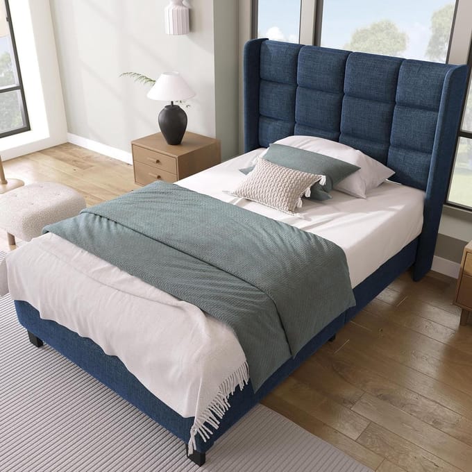 Gestoffeerd Bed - Stoffen Bed - Goede Nachtrust - Tijdloos Design - 90x200 cm - Blauw