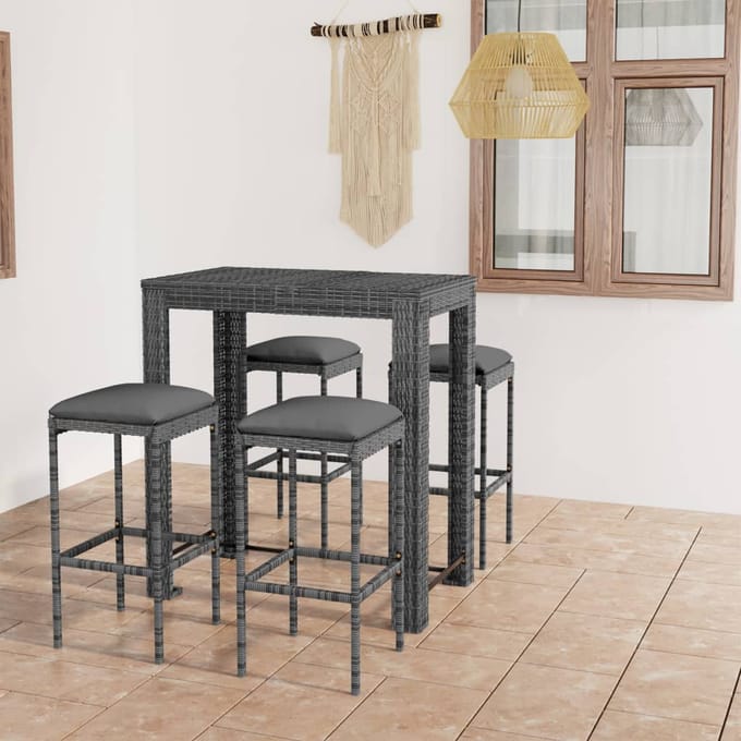 vidaXL - 5-delige - Tuinbarset - met - kussens - poly - rattan - grijs