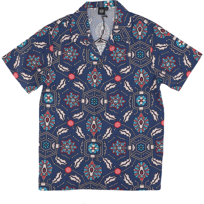 Fronds Tapestry bowlingshirt herenshirt met korte mouwen blauw