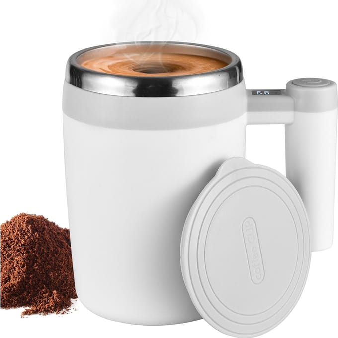 Zelfroerende Koffiemok met Digitale Temperatuur- en Vermogensweergave 13.5oz Roestvrij Staal Auto wit/grijs