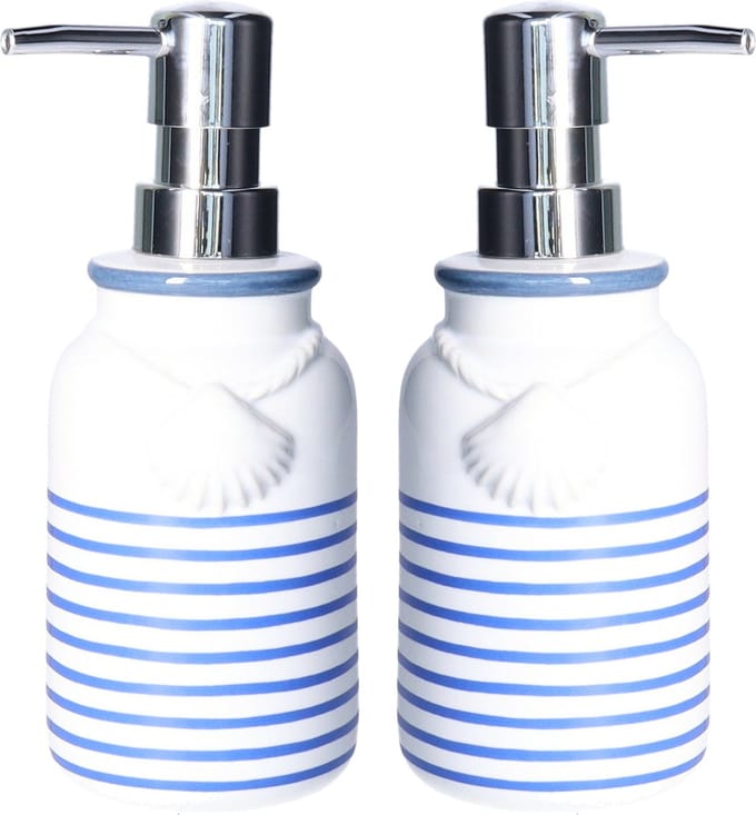 Items - Zeeppompje/dispenser - 2x stuks - Kunststeen - Wit/blauw - 7 x 18 cm