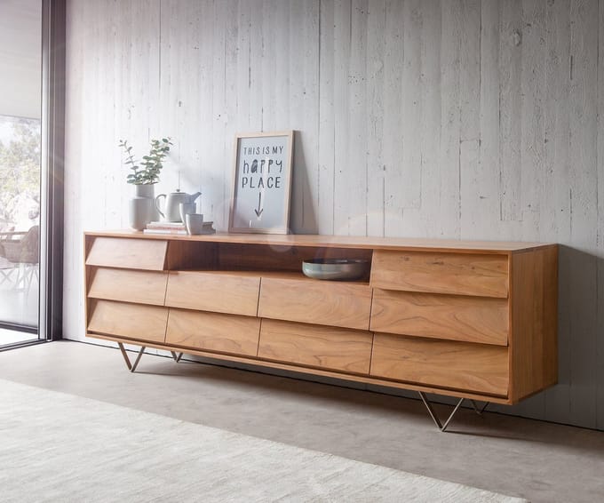 Dressoir Eloi Acacia Natuurlijk 240x40 cm 2 Deuren 6 Laden V-Poot RVS