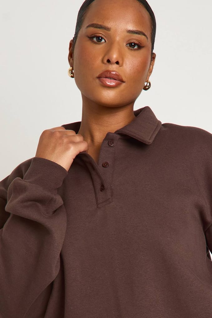 boohoo Dames Plus Sweatshirt met button-down kraag | Chocoladebruin | Maat: 44
