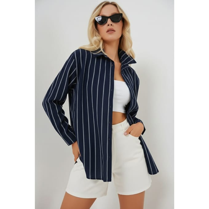 Gestreepte Oversized Blouse met Knopsluiting