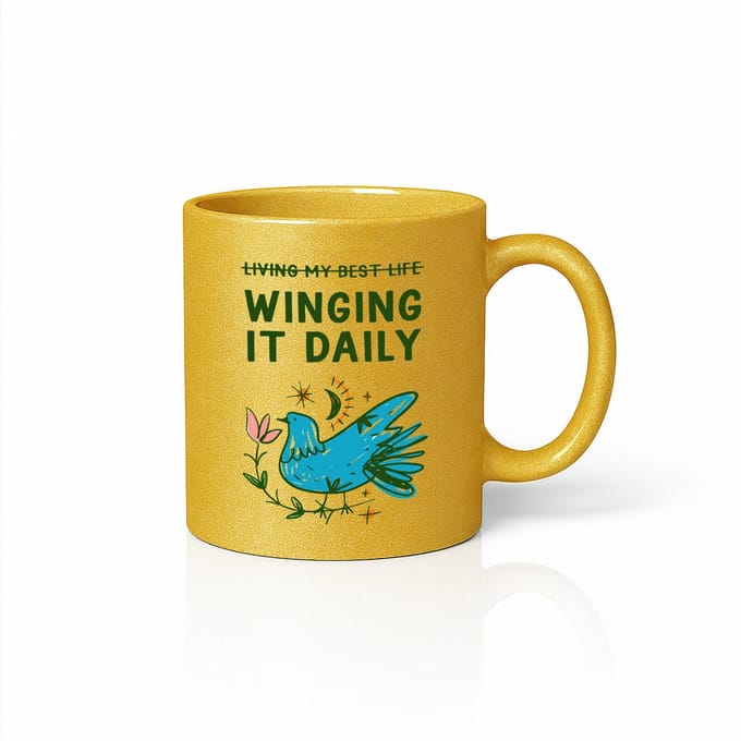 Winging It Daily Mok 330 ml – Gouden Glitter Grappige Positieve Vogel Quote Beker