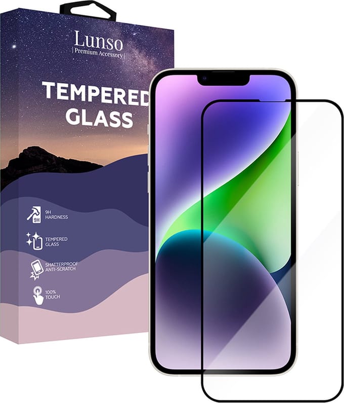Lunso - Geschikt voor iPhone 14+ / 14 Plus - Gehard Beschermglas - Full Cover Screenprotector - Black Edge