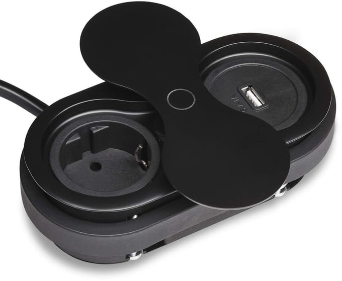 Dubbele, ingebouwde stopcontact ovaal zwart met Schuko / USB