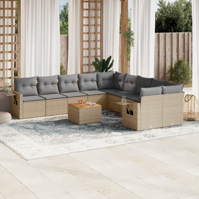 vidaXL - 11-delige - Tuinset - met - kussens - poly - rattan - beige