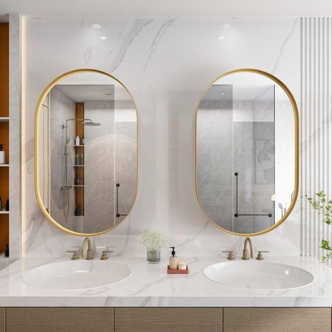 Élégant miroir ovale avec armoire intégrée, armoire murale avec structure métallique, finition dorée