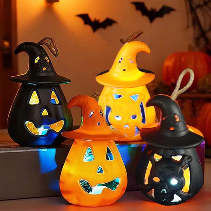 Dailygoods - Set van 4 Halloween LED-Pompoenlantaarns voor Decoratie