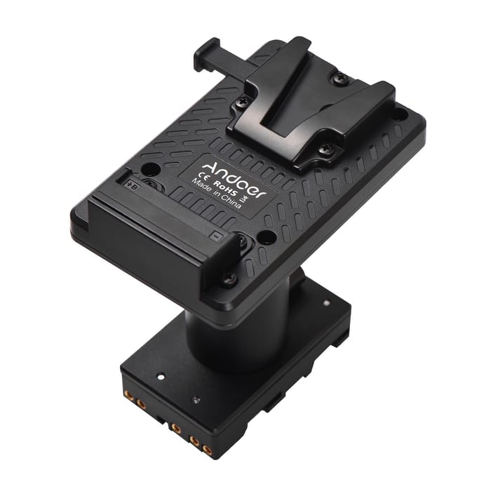 Andoer V-Lock V-mount batterijplaat op BP-U dummy-batterijadapter met verstelbare staafvervanging zwart