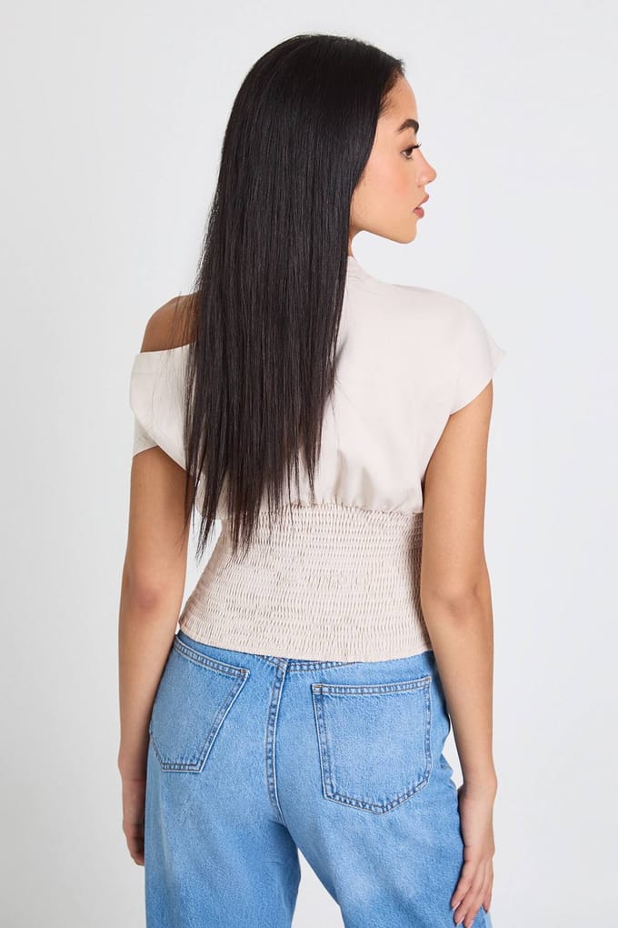 boohoo Dames Asymmetrische Gerimpelde Top | Stone | Maat: 6