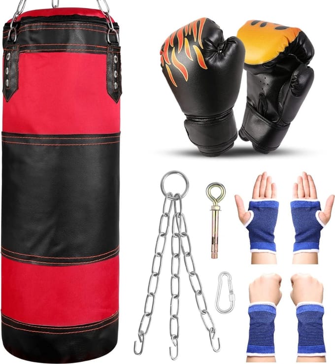 DD Boksset - Boksstandaard - Boksbal - Bokspaal - 7-in-1 Bokszak - 31x61cm - Zwart
