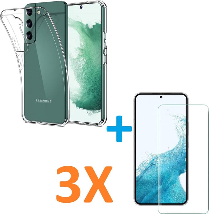 Silicone hoesje transparant met 3 Pack Tempered glas Screen Protector Geschikt voor: Samsung Galaxy S22 Plus