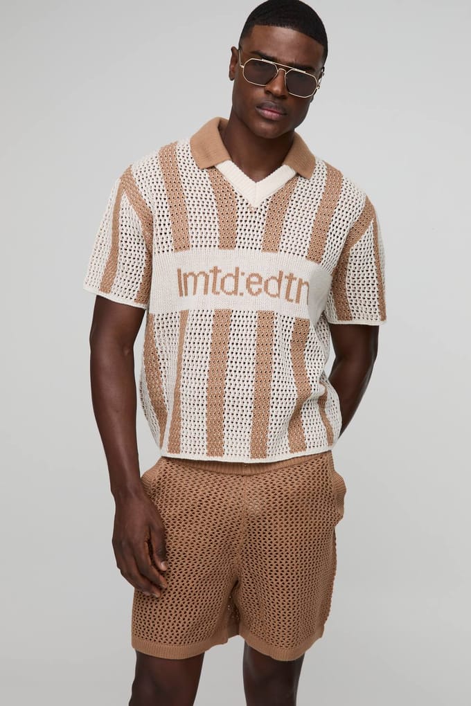 Regular Fit Open Stitch Stripe Football V-hals Gebreide Korte Set | Taupe | Size Medium