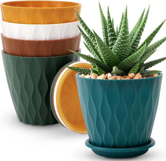 Famanu - Set van 5 bloempotten 6 inch met drainage en schotels wit