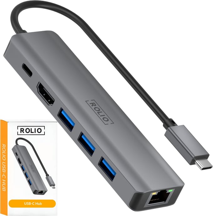 Rolio USB C Hub - 1x HDMI 4K - 1x Ethernet 1Gbps - 1x USB-C - 3x USB-A - USB Splitter - Geschikt voor Macbook Pro / Air / Windows / Universeel