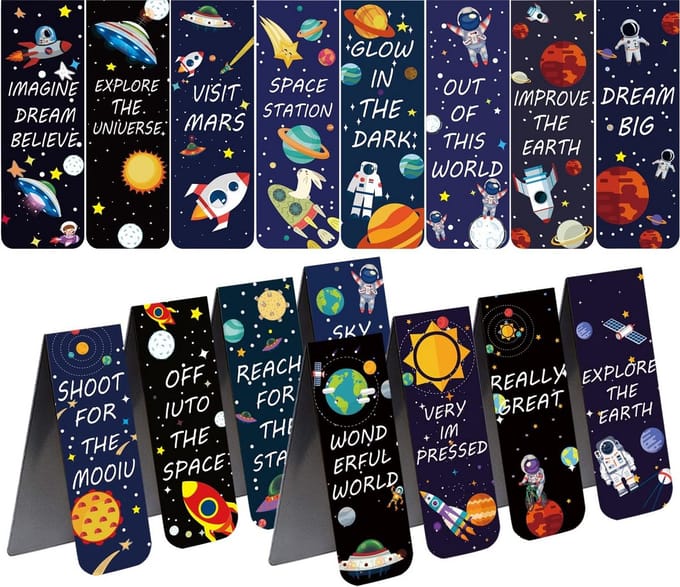 16x Magnetische Bladwijzers Ruimte Thema - Astronaut & Planeet Boekmarkers