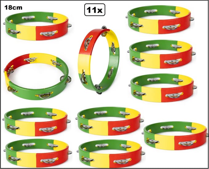 11x Tamboerijn Carnaval rood/geel/groen 18cm hout