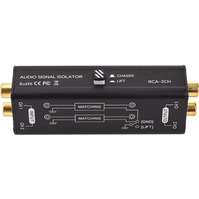 Draagbare 2-kanaals RCA-aardlusisolator Professionele brom-eliminator Audiosignaalisolator zwart