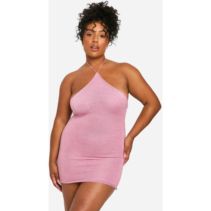 boohoo Dames Plus Glitter Gebreide High Neck Mini Jurk | Roze | Maat: 50