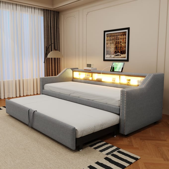 REDOM bedframe 90/180 x 190 cm – Uitschuifbaar, met USB en LED – Burlap stof – Lichtgrijs