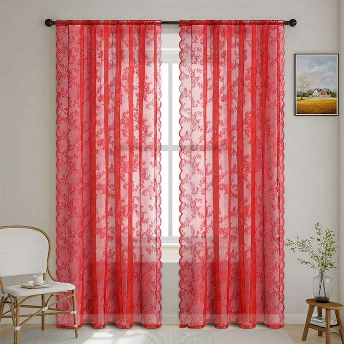 Tweedelig transparant gordijn - Woondecoratie - 100 x 250 cm - Rood