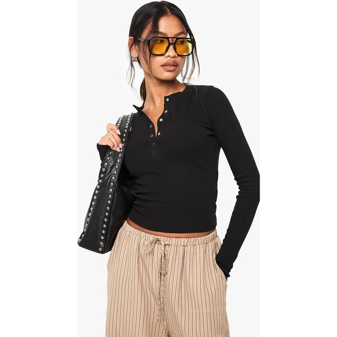 boohoo Dames Popper Front Rib Long Sleeve Top | Zwart | Maat: 40