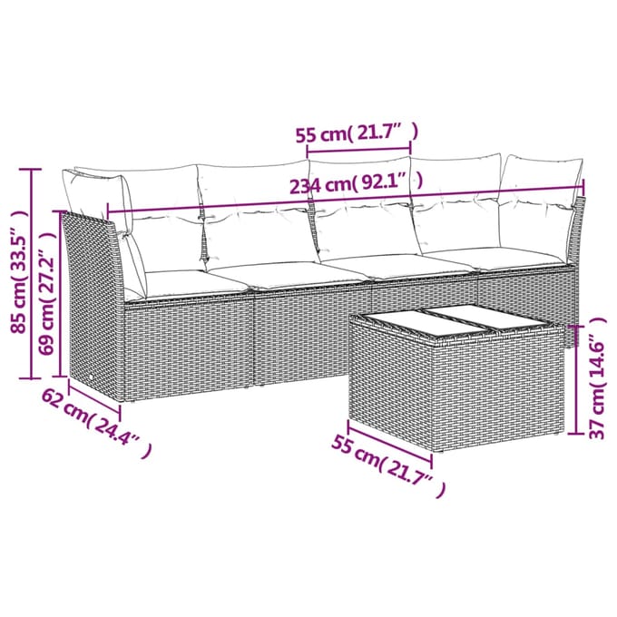 vidaXL - 5-delige - Loungeset - met - kussens - poly - rattan - bruin