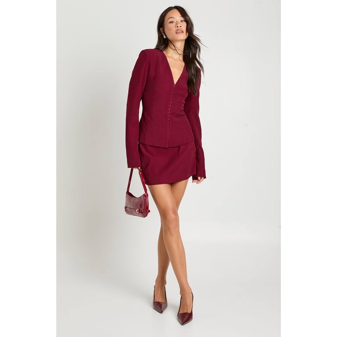 boohoo Dames Hoge getailleerde minirok | Wijn | Maat: 38