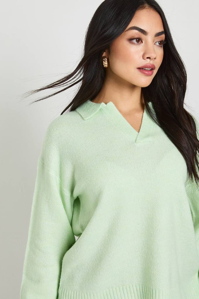 boohoo Dames Super Zachte V-Hals Gebreide Trui met Kraag | Sage | Maat: Medium