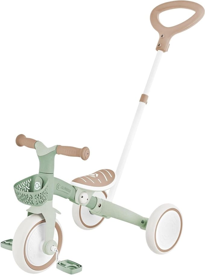 Kindervoertuig 3-in-1 - Loopfiets driewieler - Kind leren - Groeit mee met kind - 8/7 inch - Saliegroen