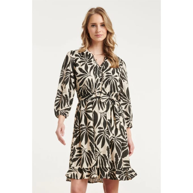 Smashed Lemon Zwart-beige bladerenprint jurk met ceintuur |