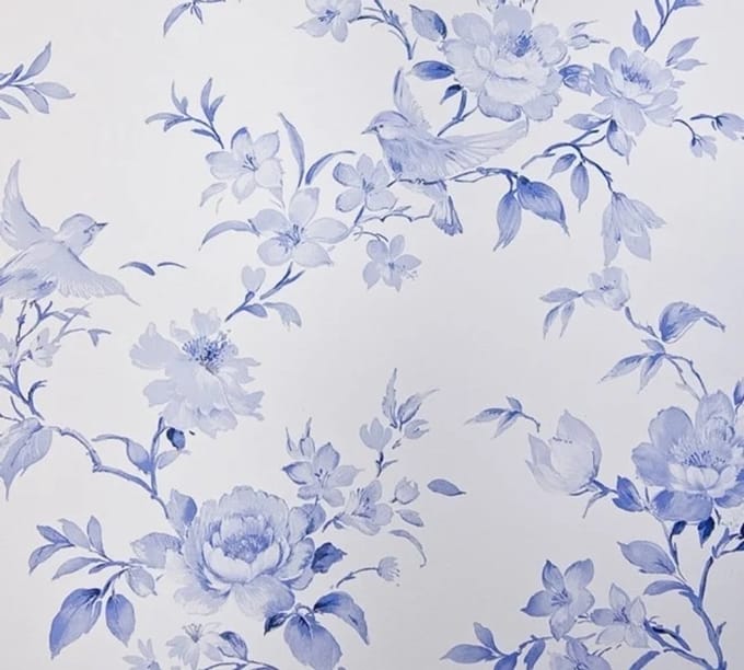 BLAUW WIT BLOEMEN VOGEL BEHANG