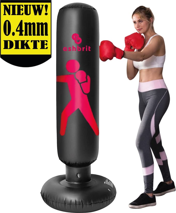 Ashbrit® Staande opblaasbare bokszak met stevige vulbare voet – boksbal - extra dikke 0,4 mm uitvoering – 160 cm – zwart