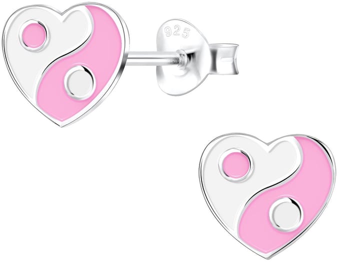 Joy|S - Zilveren hartje oorbellen - wit roze - yin yang - 8 mm