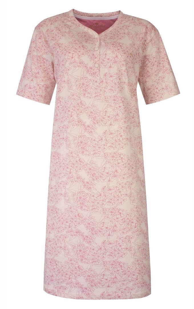 Medaillon Dames Nachthemd - Bloemenprint - Knoopjes - Roze - Maat S