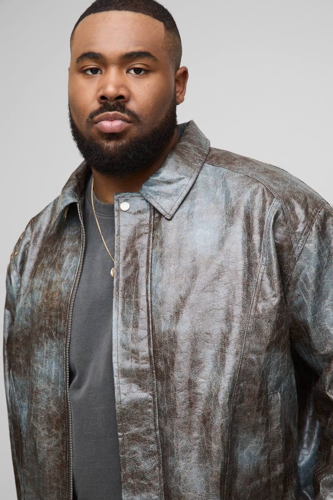 Plus Tie Dye Snake PU Boxy Bomber Jacket | Chocolate | Size 4XL