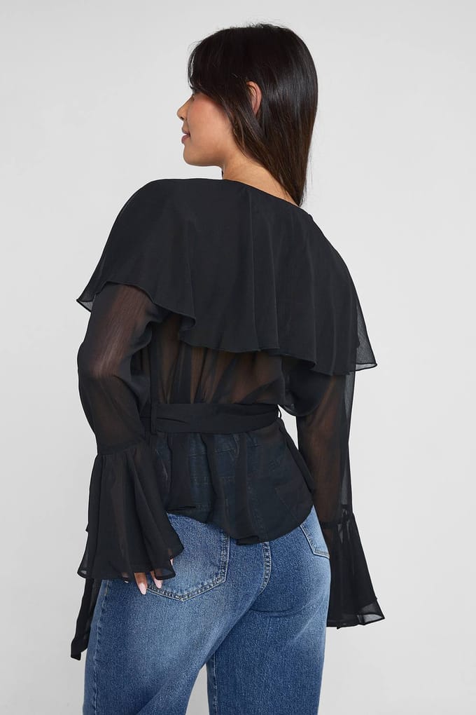 boohoo Dames Chiffon Bloes met ruches en strik in de taille | Black | Maat: 6