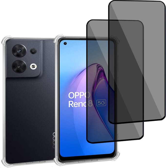 Geschikt voor OPPO Reno 8 - Hoesje + 2x Screenprotector – Gehard Glas Cover + Shock Proof Case - Transparant