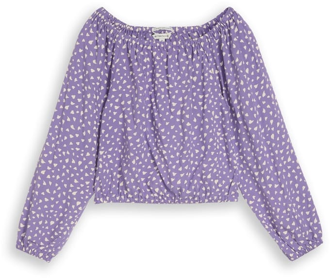 Tom Tailor - Cropped blouse met carmenhals - Maat 128 - purple small heart print